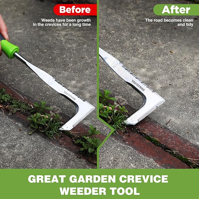 WORKPRO Crack Weeder, 12" Stainless Steel Crevice Weeding Tool with Soft Handle, L-Shaped Side-Walk Weed Puller Spatula, for Garden Lawn Yard Patio Terrace Paving Moss Garden Tool