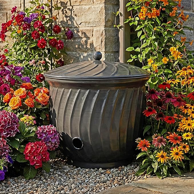 Sunnydaze Metal Garden Hose Holder Pot with Lid - UV-Resistant 145-Foot Garden Hose Pot Holder - Black Glaze Finish