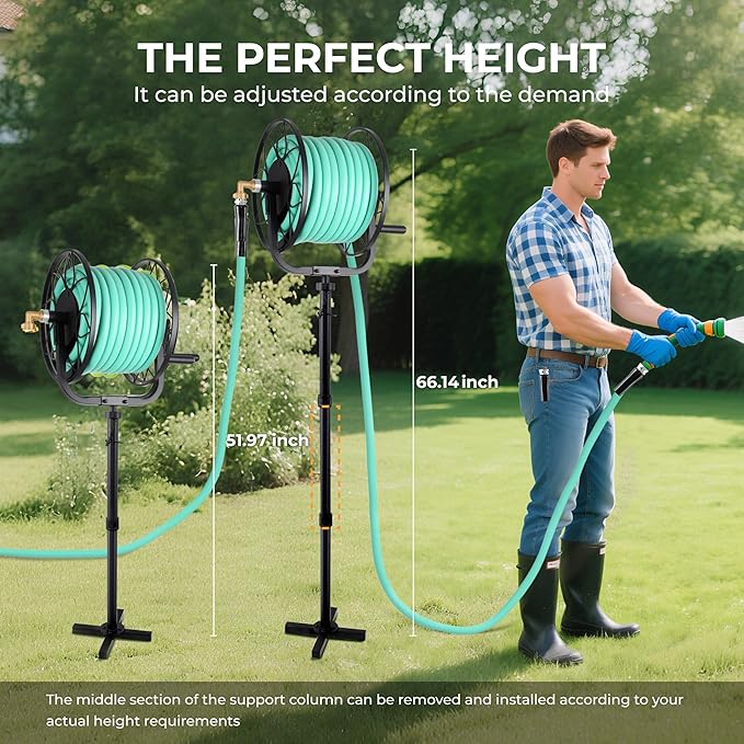 Favormony Garden Hose Reel - Heavy Duty Outdoor Turntable Water Hose Holder with Sturdy Cross Base, 100 ft of 5/8" Hose Capacity, Height Adjustable 360 Degree Rotate Freestanding Hose Stand for Yard