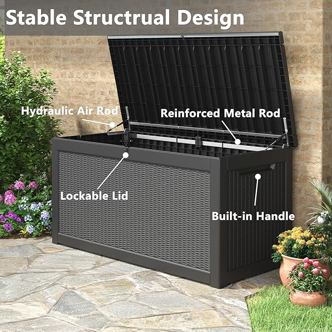 WTFGO 320 Gallon Large Resin deck box Waterproof,Outdoor Storage Bench,Patio Storage Box,Garden Tool Storage,Resin Large Sturdy Deck boxes with Double Wall Panels,Rattan Black