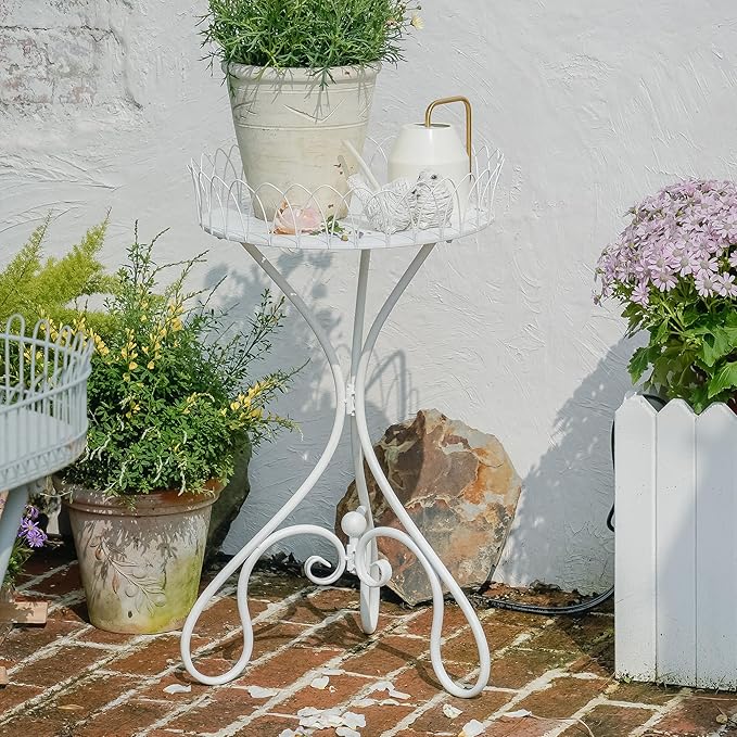 White Round Tabletop Plant Stand, French Vintage Metal Flower Pot Riser with Ornate Edge Detailing, Centerpiece Garden Decor