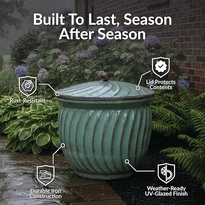 Sunnydaze Metal Garden Hose Holder Pot with Lid - UV-Resistant 145-Foot Garden Hose Pot Holder - Sage Glaze Finish