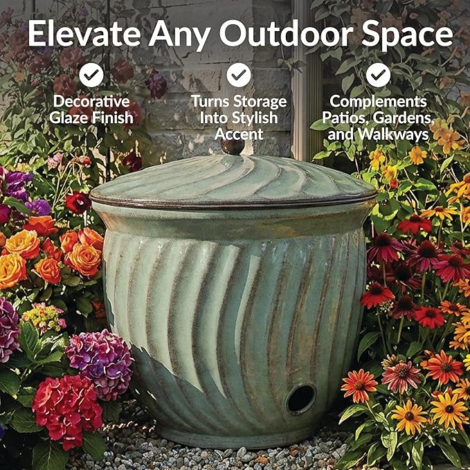 Sunnydaze Metal Garden Hose Holder Pot with Lid - UV-Resistant 145-Foot Garden Hose Pot Holder - Sage Glaze Finish