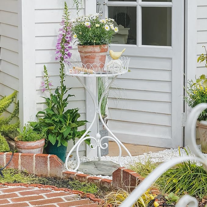 White Round Tabletop Plant Stand, French Vintage Metal Flower Pot Riser with Ornate Edge Detailing, Centerpiece Garden Decor