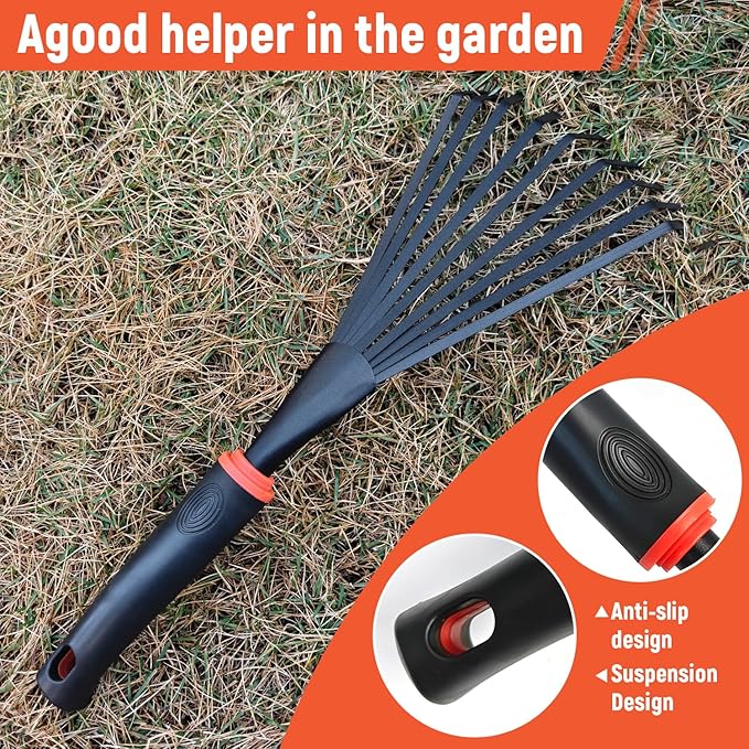 Small Hand Rake, Stainless Head and Tines, Gardening Hand Tool with Ergonomic Handle and Hanging Hole for Storage for Maintaining Raised Garden Beds