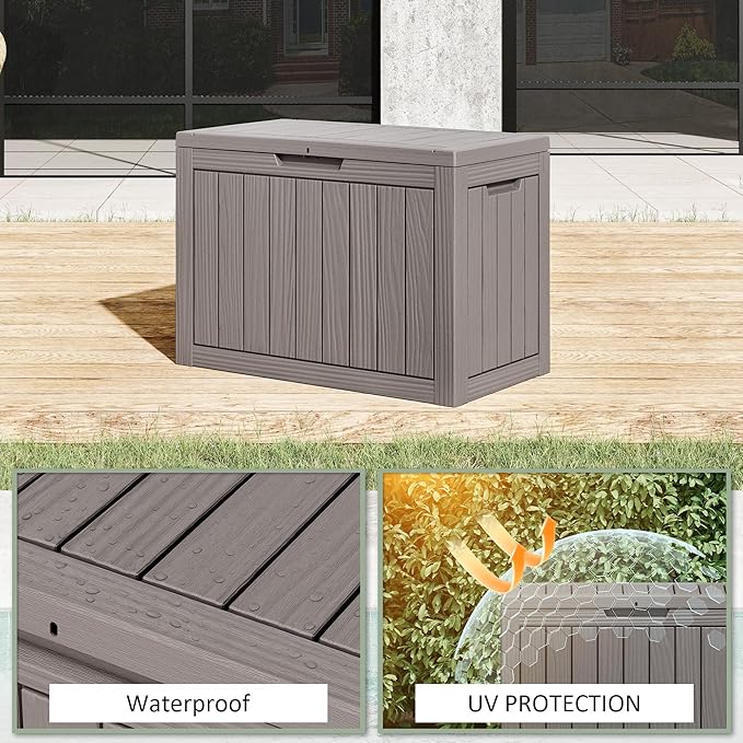 WTFGO 50 Gallon Outdoor Storage Deck Box Waterproof,Garden Tool,Backyard Cushion,Poolside Storage,Small Delivery Boxes for Outside,UV-Resistant & All-Weather,Wood-like Striped Gray