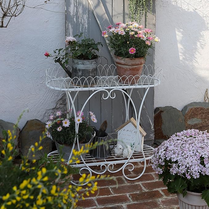 White Oval Plant Stand with Lattice Base, French Entryway Decor for Plants, Elegant Floor Flower Pot Holder Garden Decoration