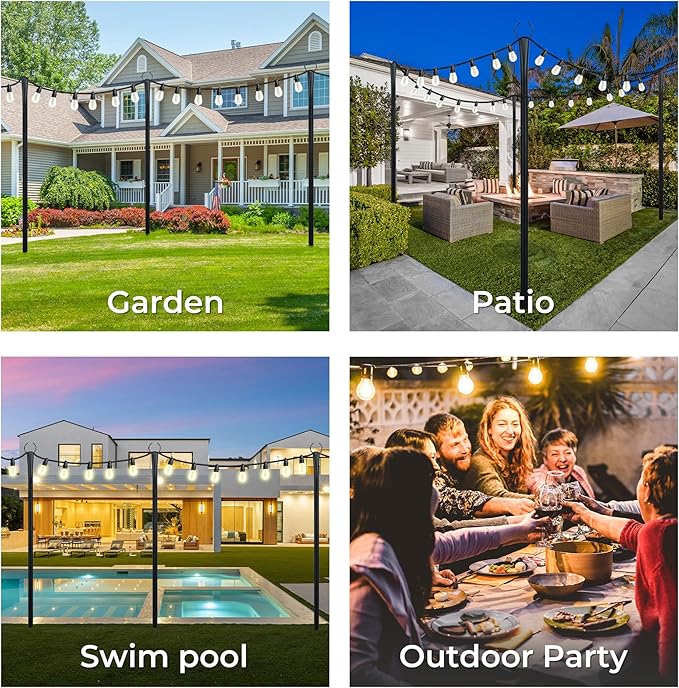 10 Ft String Light Poles for Outside, 6 Pack Heavy-Duty Metal Poles for Outdoor Hanging Lights with Fence Brackets, Outdoor String Light Pole Stand for Patio, Backyard, Garden