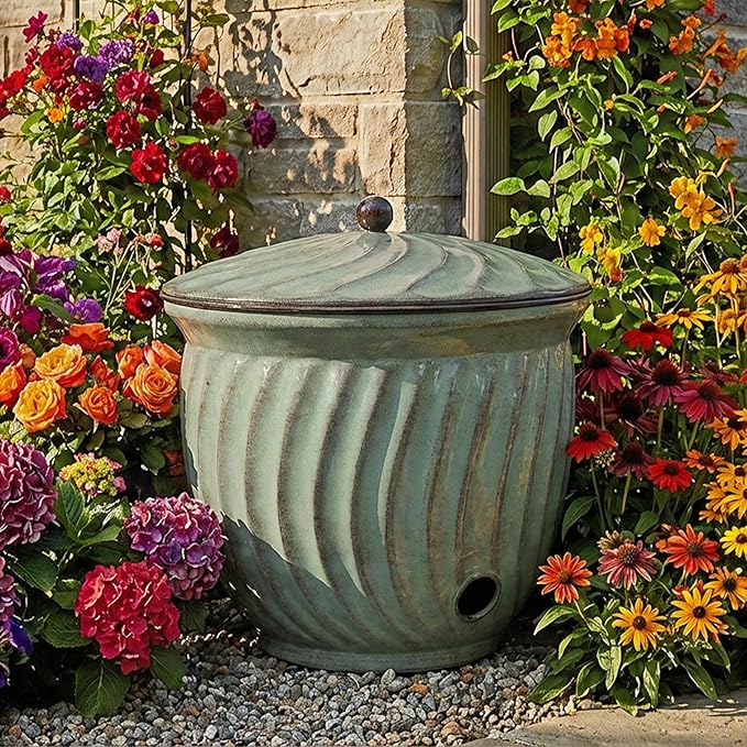 Sunnydaze Metal Garden Hose Holder Pot with Lid - UV-Resistant 145-Foot Garden Hose Pot Holder - Sage Glaze Finish