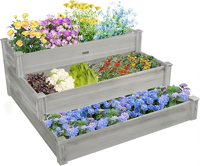 ZSYWODFO 3-Tier Raised Garden Bed with Fabric Liner, Wood Elevated Planter Box with Dovetail Joint Design, 3 Dividable Bed Kit for Vegetables/Herbs/Flowers, Outdoor Gardening for Patio, Lawn, Balcony
