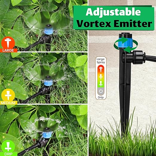 MIXC 30pcs Quick-Connect Drip Irrigation Emitters Fan Shape for 1/4" Drip Irrigation Tubing - Adjustable Push-to-Connect 360° Drip Emitters Vortex on 6" Sturdy Stake for Irrigation System