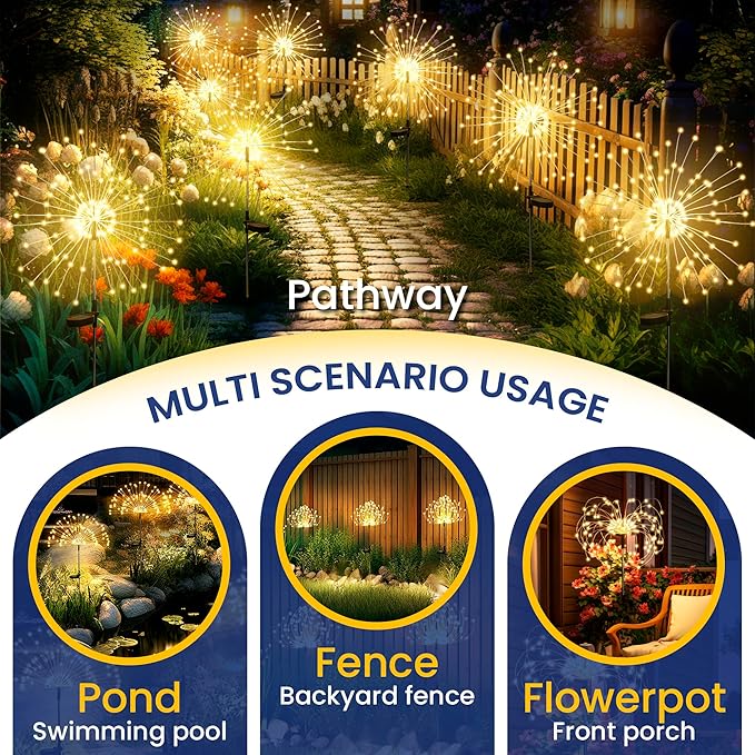 GIGALUMI Garden Decor Outdoor Lights 120LED 2Pack, Solar Garden Lights for Outside Christmas Fairy Firework Decorative,Solar Powered for Yard Pathway Flowerbed Planter Balcony Patio Decor (Warm White
