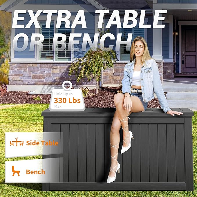 WTFGO 240 Gallon Large Resin deck box Waterproof,Outdoor Storage Bench,Patio Storage Box,Garden Tool Storage,UV-Resistant & All-Weather,Wood-like Striped BLack