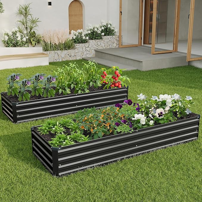 ZUNUDA 8×2×1FT(2PCS) Galvanized Raised Garden Bed Kit, Metal Planter Boxes,Large Outdoor Planters Garden for Planting Vegetables,Flowers,Herbs -Black