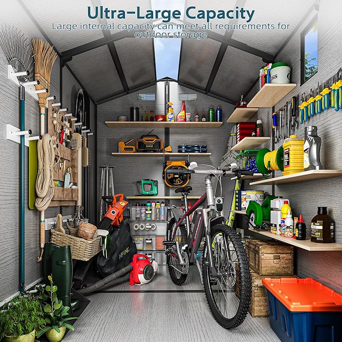 WUKHG 6X8 FT Outdoor Storage Sheds, Plastic Storage Shed with Floor & Drainage Channel for Bikes, Furniture, Gardening Tools, Lockable Outdoor Shed Suitable for Backyard, Patio, Lawn