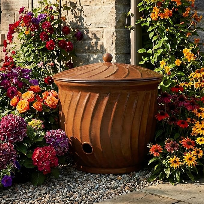 Sunnydaze Metal Garden Hose Holder Pot with Lid - UV-Resistant 145-Foot Garden Hose Pot Holder - Brown Glaze Finish