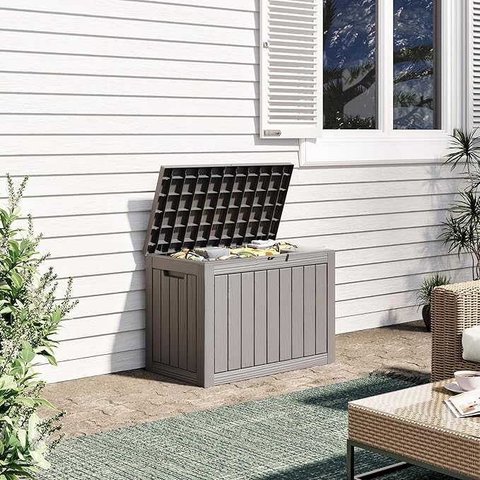 WTFGO 45 Gallon Outdoor Storage Deck Box Waterproof,Garden Tool,Backyard Cushion,Poolside Storage,Small Delivery Boxes for Outside,UV-Resistant & All-Weather,Wood-like Striped Gray