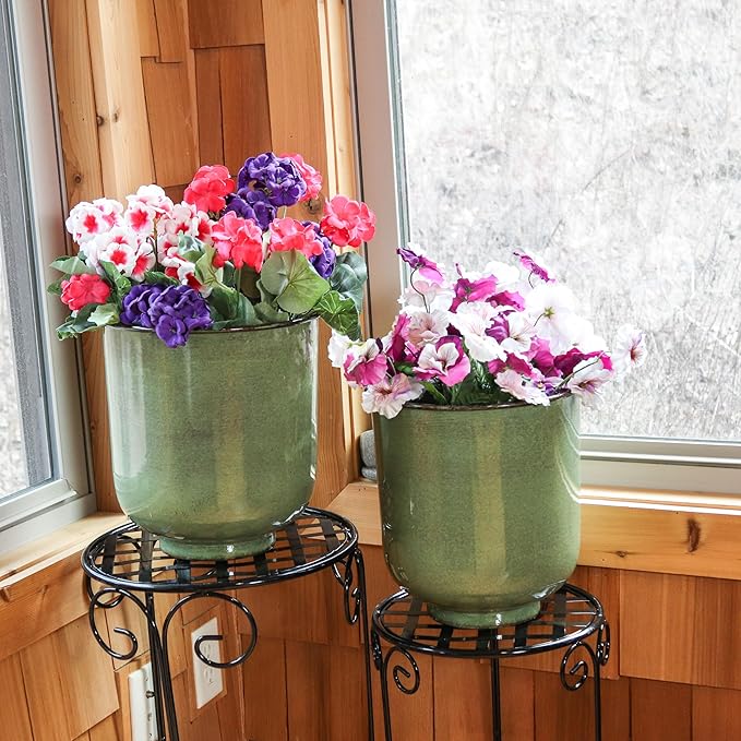 Sunnydaze Vivian 11" Metal Outdoor Plant Pot Set with Drainage Holes and Rubber Plugs - Jade Glaze - Set of 4