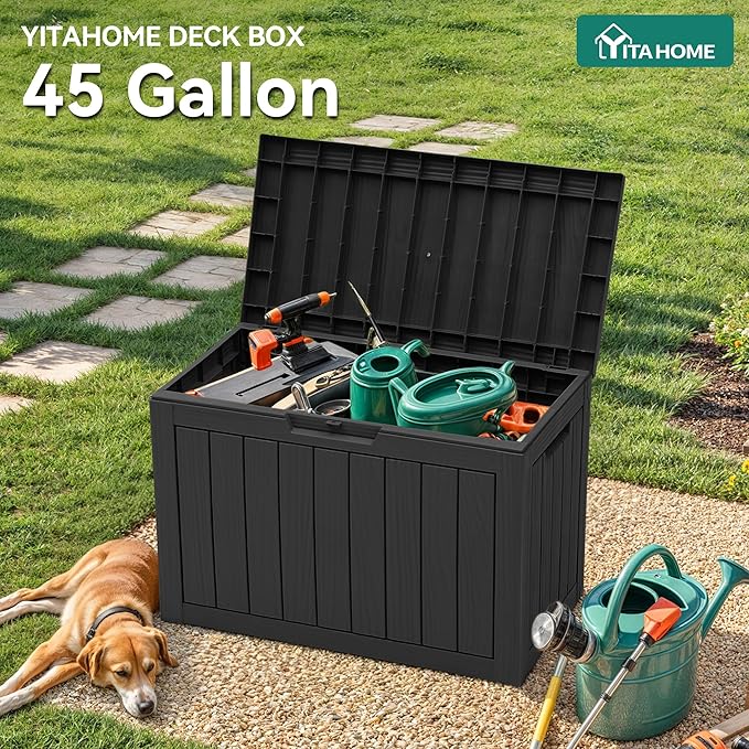 YITAHOME 45 Gallon Deck Box, Outdoor Storage Box for Patio Cushions, Outdoor Tools, Gardening Tools, Sports Equipment, and Throw Pillows, Lockable and Waterproof, Black