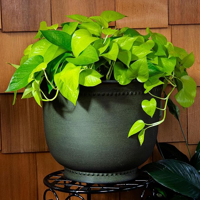 Sunnydaze Michael 14.5" Metal Outdoor Plant Pot Set with Drainage Holes and Rubber Plugs - Matte Sage - Set of 2