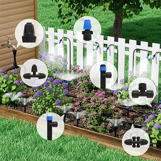230FT Quick-Connect Drip Irrigation System Kit with 1/4” & 1/2” Fast-Lock Tubing, Adjustable Emitters & Sprinklers for Garden & Greenhouse