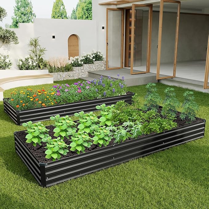 ZUNUDA 12×4×1FT(2PCS) Galvanized Raised Garden Bed Kit,Metal Planter Boxes,Large Outdoor Planters Garden for Planting Vegetables,Flowers,Herbs -Black