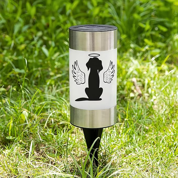Solar Dog Memorial Garden Light, Outdoor Pet Remembrance Keepsake with Angel Silhouette, Automatic Dusk to Dawn LED Yard Stake