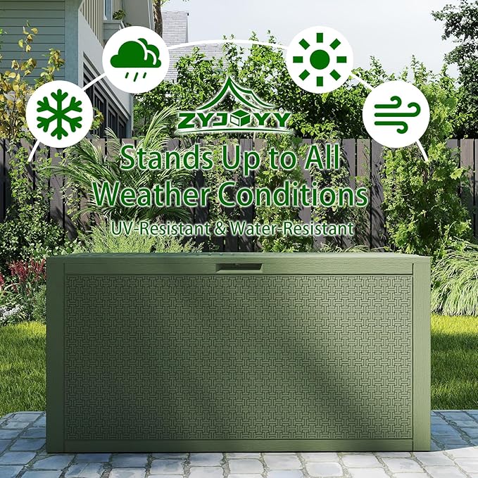 ZYJOYY Outdoor Storage Box, 90 Gallon Deck Box, Waterproof Resin Storage Bin for Patio Cushions, Gardening Tools, Lockable, UV Resistant,Olive Green