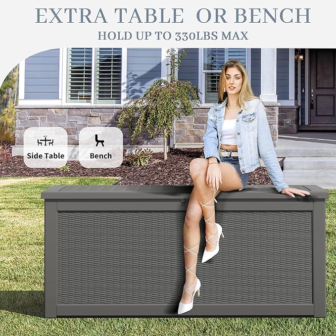 WTFGO 320 Gallon Large Resin deck box Waterproof,Outdoor Storage Bench,Patio Storage Box,Garden Tool Storage,Resin Large Sturdy Deck boxes with Double Wall Panels,Rattan Gray