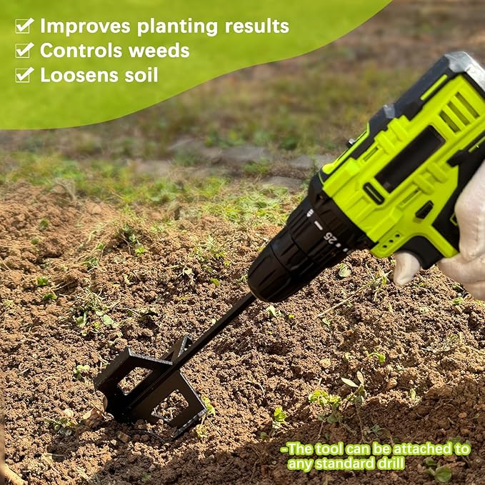 4-in-1 Soil Cultivator Garden Handheld Drill Tiller Attachment, Loosener Tool and Soil Digger for Planter Boxes and Raised Garden Beds, Planter Auger Compatible with 3/8" Hex Drive Drill