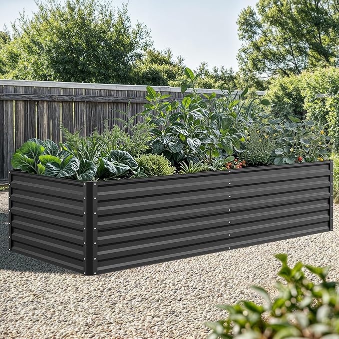 YITAHOME 96x48x24 in Galvanized Raised Garden Bed Kit, Large Metal Planter Box with Gloves, Safety Rubber & Support Rod, Outdoor Flower Bed for Plants Vegetables, Black