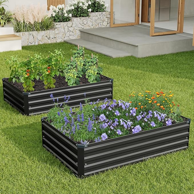 ZUNUDA 4×3×1FT(2PCS) Galvanized Raised Garden Bed Kit, Metal Planter Boxes,Large Raised Garden Bed for Planting Vegetables,Flowers,Herbs -Black