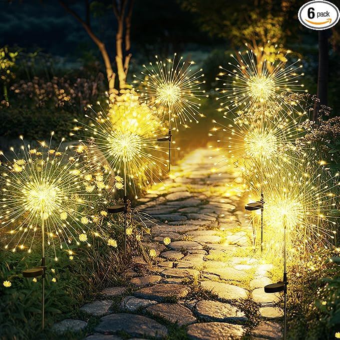 GIGALUMI Garden Decor Outdoor Lights 120LED 6Pack, Solar Garden Lights for Christmas Outside Fairy Firework Decorative,Solar Powered for Yard Pathway Flowerbed Planter Balcony Patio Decor (Warm White