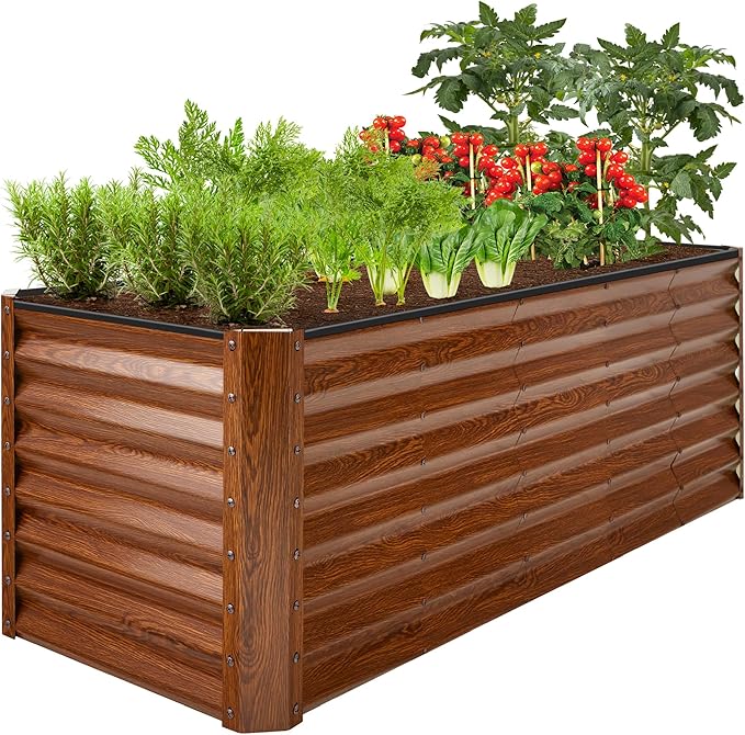 Best Choice Products 8x2x2ft Raised Outdoor Metal Garden Bed, Deep Root Box Planter for Vegetables, Flowers, Herbs, 240 Gallon Capacity, 100% Non Toxic Materials - Wood Grain