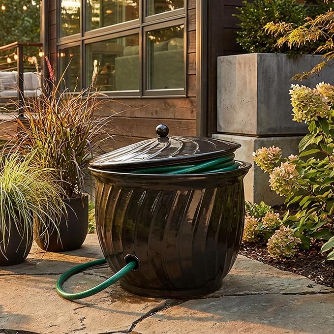 Sunnydaze Metal Garden Hose Holder Pot with Lid - UV-Resistant 145-Foot Garden Hose Pot Holder - Black Glaze Finish