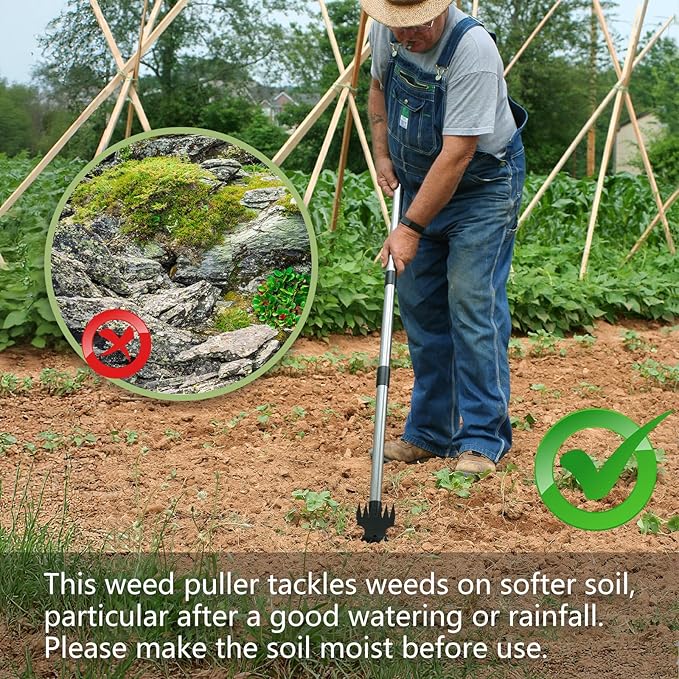 Weed Puller Tool with Long Handle(58IN), 2-in-1 Gardening Hand Tools Weeds Remover, Weeder Rake & Garden Hoe Combo, Manual Weeding Puller Tool for Garden Yard Patio Lawn