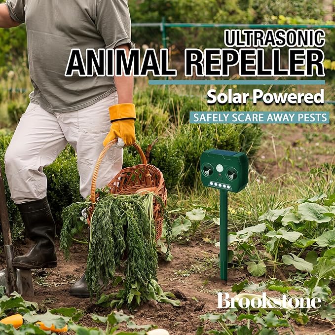 Solar Powered Sonic Animal Repeller – Ultrasonic Motion Sensor, 180° PIR Detection, 32 Ft Range, Eco-Friendly, Non-Toxic, for Gardens, Lawns, Parks & Orchards – Easy Installation, Chemical-Free