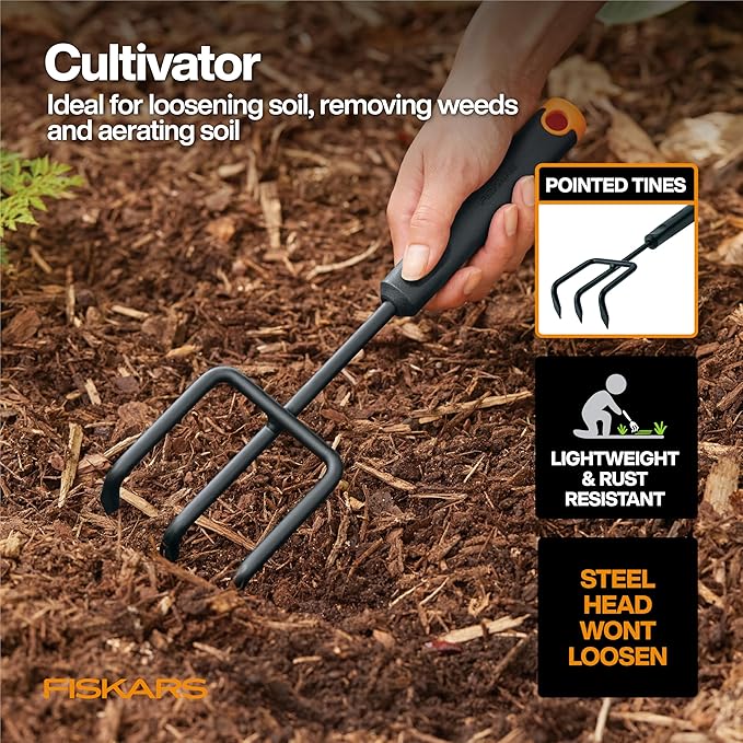 Fiskars Vegetable Gardening Essentials 6-Piece Tool Set for Cultivating, Serrated Stainless Steel Shears & 4-in-1 Seed Sower for Planting, Rust-Resistant Steel Trowel, Cultivator, Weeder, L/XL Gloves