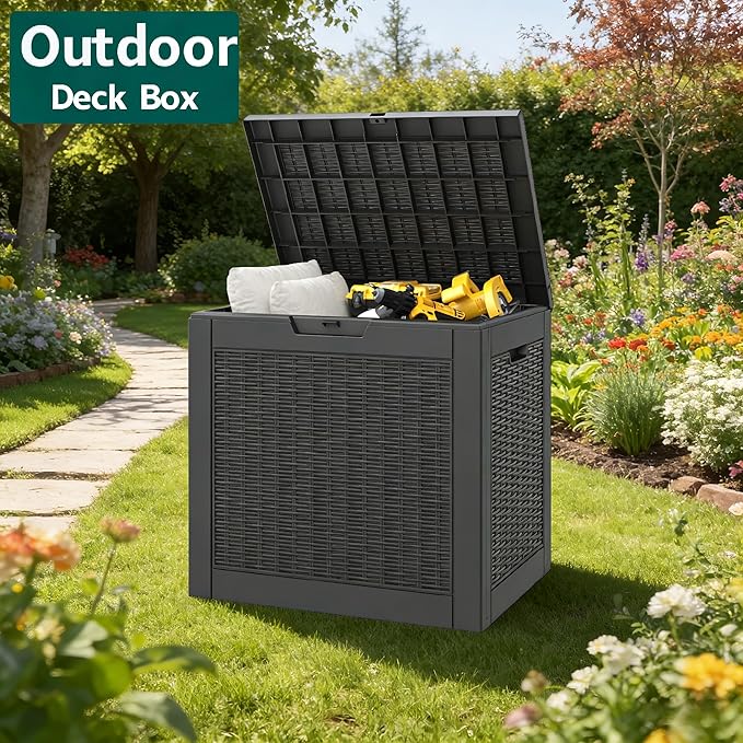 WTFGO 30 Gallon Outdoor Storage Deck Box Waterproof,Garden Tool,Backyard Cushion,Poolside Storage,Small Delivery Boxes for Outside,Lockable Lid,Rattan Black