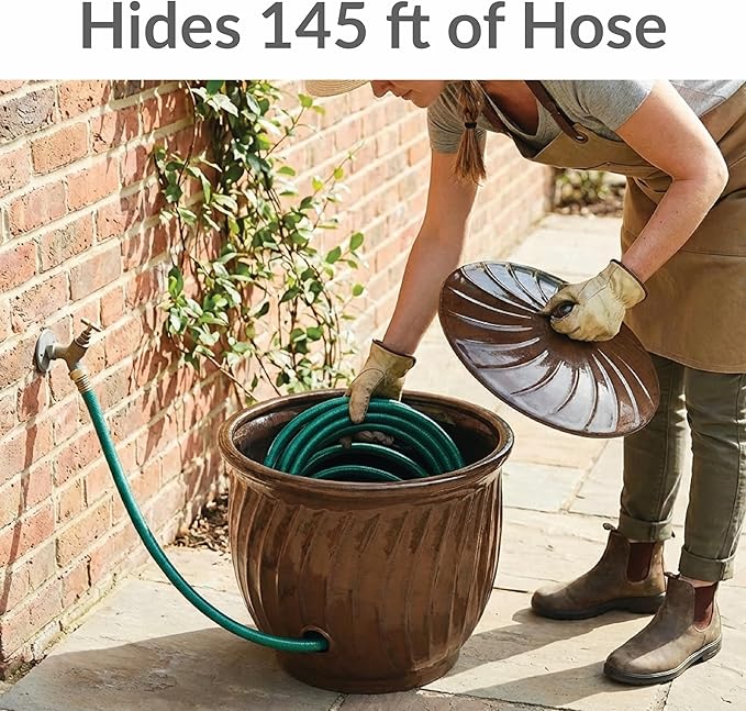 Sunnydaze Metal Garden Hose Holder Pot with Lid - UV-Resistant 145-Foot Garden Hose Pot Holder - Brown Glaze Finish