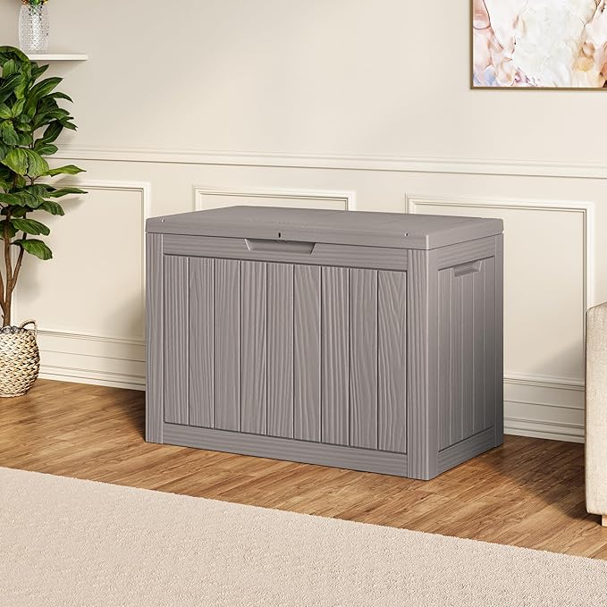 WTFGO 45 Gallon Outdoor Storage Deck Box Waterproof,Garden Tool,Backyard Cushion,Poolside Storage,Small Delivery Boxes for Outside,UV-Resistant & All-Weather,Wood-like Striped Gray