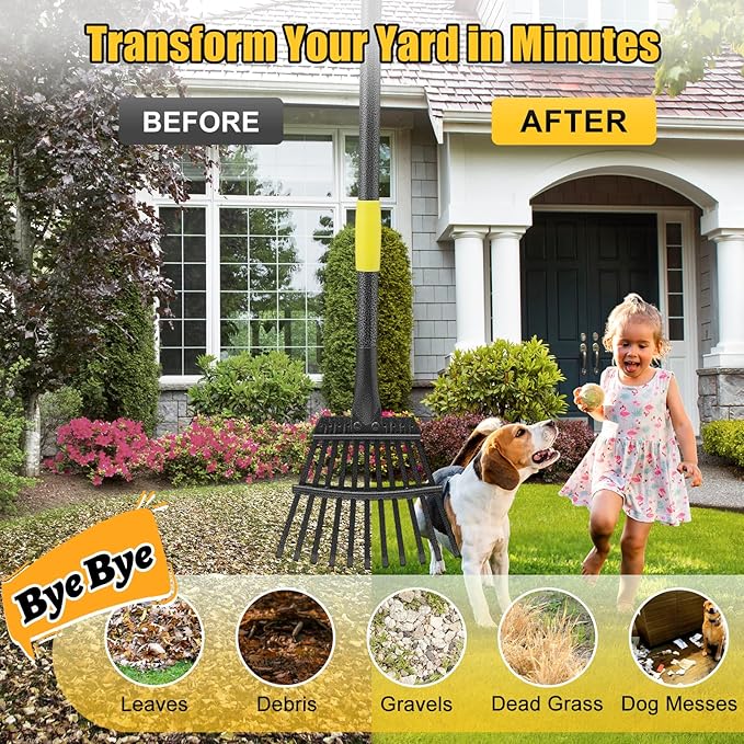 Rake for Leaves: Small Metal Garden Rake, 8.5" Wide, 11 Metal Tines,Heavy Duty Lightweight Kids Leaf Rakes for Small Lawn Yard Shrub,Tight Spot Garden Bed Leaf Debris Picking Cleaning, 60” Long Handle