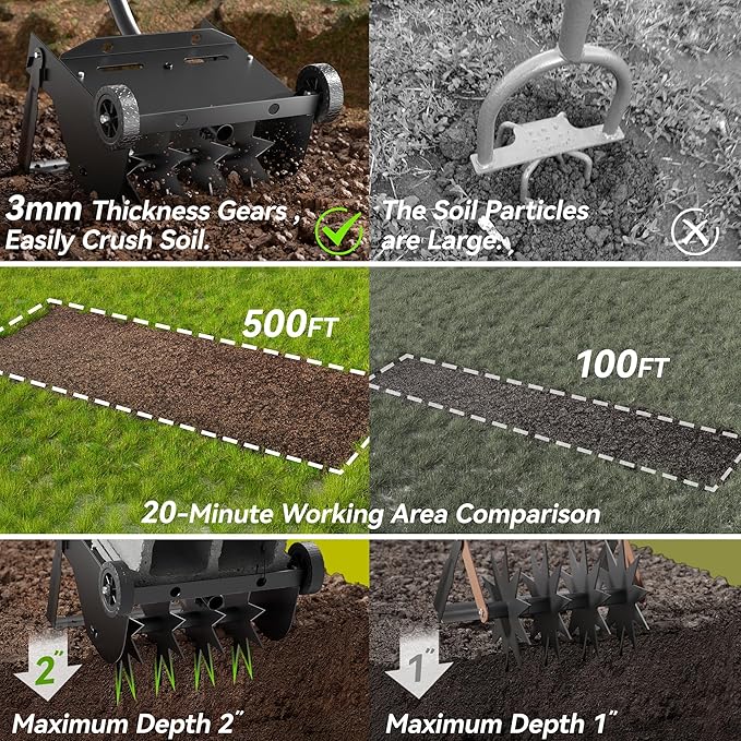 Rotary Cultivator Tool, 2-in-1 Garden Weeder and Crumbler Soil Hand Tiller for Gardening, Hand Garden Tiller with 66.5 Inch Adjustable Foam Handle