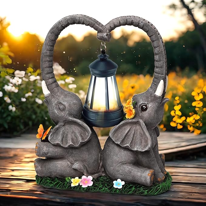10.6" Solar Elephant Garden Statue,Heart Elephant Lawn Decorations Outdoor,Unique Elephant Gifts Housewarming for Women,Mom,Lover