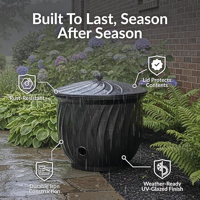 Sunnydaze Metal Garden Hose Holder Pot with Lid - UV-Resistant 145-Foot Garden Hose Pot Holder - Black Glaze Finish