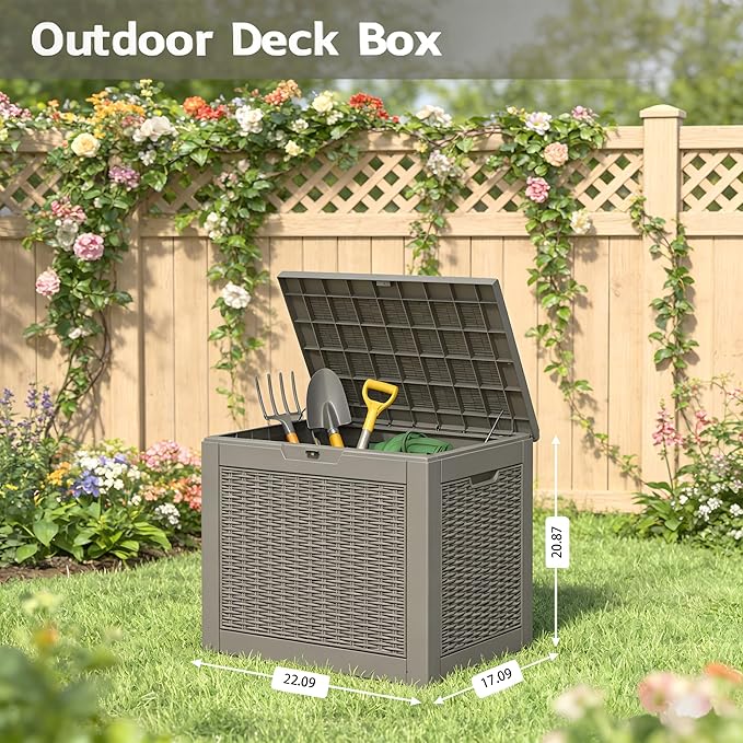 WTFGO 31 Gallon Outdoor Storage Deck Box Waterproof,Garden Tool,Backyard Cushion,Poolside Storage,Small Delivery Boxes for Outside,Lockable Lid,Rattan Grey