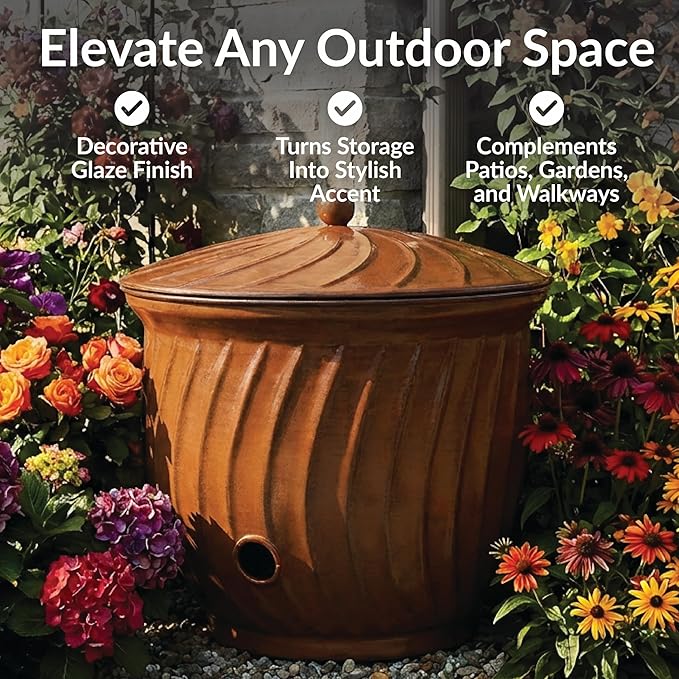 Sunnydaze Metal Garden Hose Holder Pot with Lid - UV-Resistant 145-Foot Garden Hose Pot Holder - Brown Glaze Finish