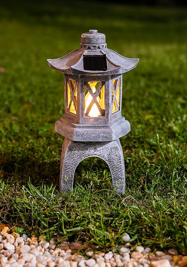 VP Home Solar-Powered Pagoda Garden Statues - Japanese Zen Lantern Outdoor Decor with Flickering LED Light - Durable Polyresin for Yard, Patio, or Garden - 12 x 7 x 6 Inches (Zen Garden Pagoda)