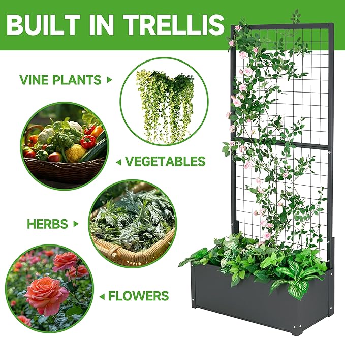 YKteedens Metal Planter with Trellis Raised Garden beds Outdoor (35.5" L*12" W*71" H) inch Planter Box with Trellis&Privacy Screen for Climbing Plants, Vegetables, Vines
