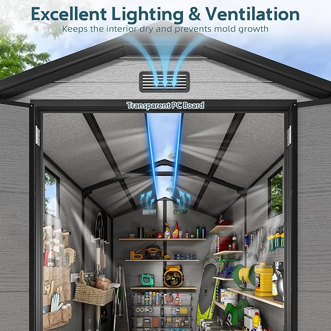 WUKHG 6X8 FT Outdoor Storage Sheds, Plastic Storage Shed with Floor & Drainage Channel for Bikes, Furniture, Gardening Tools, Lockable Outdoor Shed Suitable for Backyard, Patio, Lawn